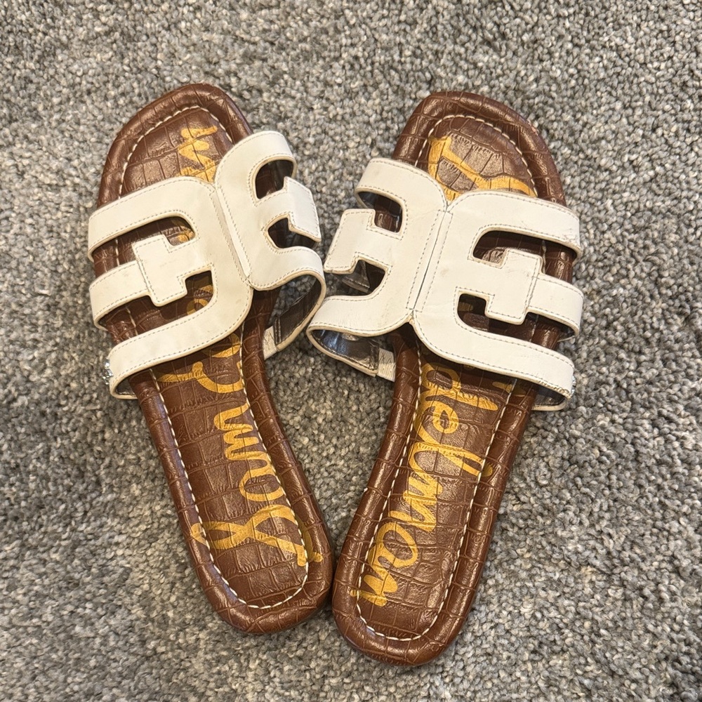 Sam Edelman White Leather Slide Sandals with Brown Footbed